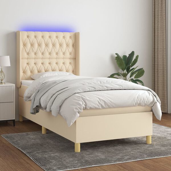 vidaXL Cama box spring c/ colch&atilde;o e LED 90x190 cm tecido cor creme