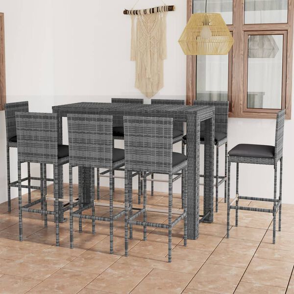 vidaXL 9 pcs conjunto de bar exterior c/ almofad&otilde;es antracite vime PE
