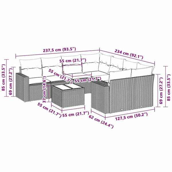 vidaXL 3 pcs conj. sof&aacute;s jardim c/ almofad&otilde;es vime PE cinzento-claro