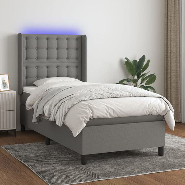 vidaXL Cama box spring c/ colch&atilde;o e LED 90x200 cm tecido cinza-escuro