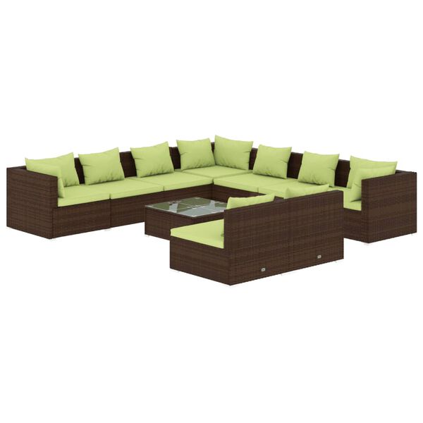 vidaXL 10 pcs conjunto lounge jardim c/ almofad&otilde;es vime PE castanho
