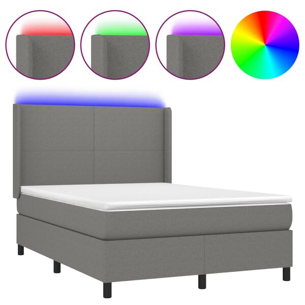 vidaXL Cama box spring c/ colch&atilde;o e LED 140x200 cm tecido cinza-escuro