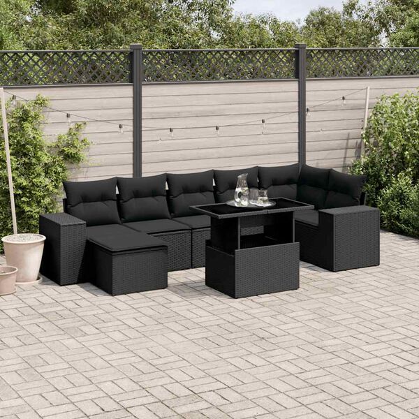 vidaXL 8 pcs conjunto sofás de jardim com almofadões vime PE preto