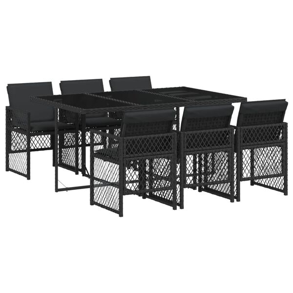 vidaXL 7 pcs conjunto de jantar p/ jardim c/ almofad&otilde;es vime PE preto