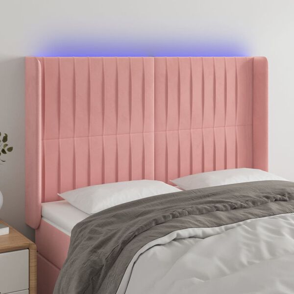 vidaXL Cabeceira de cama c/ luzes LED veludo 147x16x118/128 cm rosa
