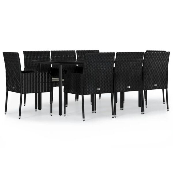 vidaXL 9 pcs conjunto de jantar p/ jardim c/ almofad&otilde;es vime PE preto