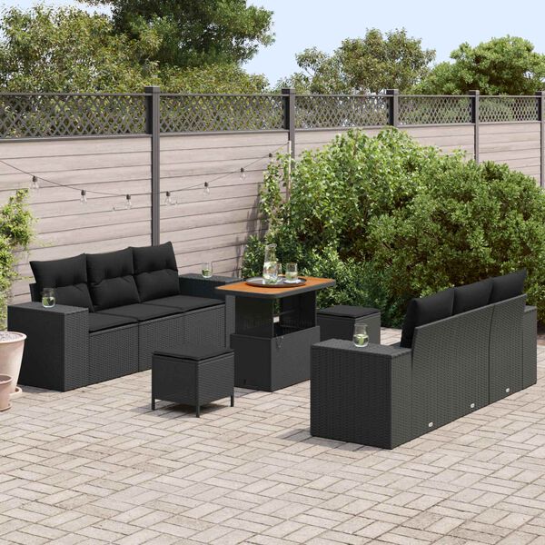 vidaXL Conjunto de Sof&aacute; de Jardim 9 pcs Preto Rattan de Polipropileno