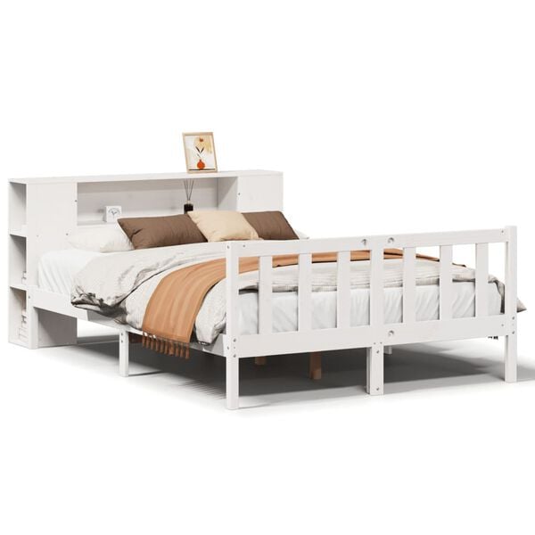 vidaXL Cama com estante sem colch&atilde;o 150x200 cm pinho maci&ccedil;o branco
