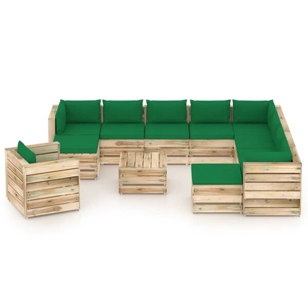 vidaXL 12 pcs conj. lounge jardim c/ almofad&otilde;es madeira impreg. verde