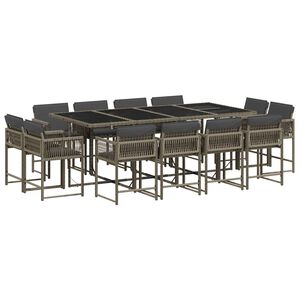 vidaXL 13 pcs conjunto jantar p/ jardim c/ almofad&otilde;es vime PE cinzento
