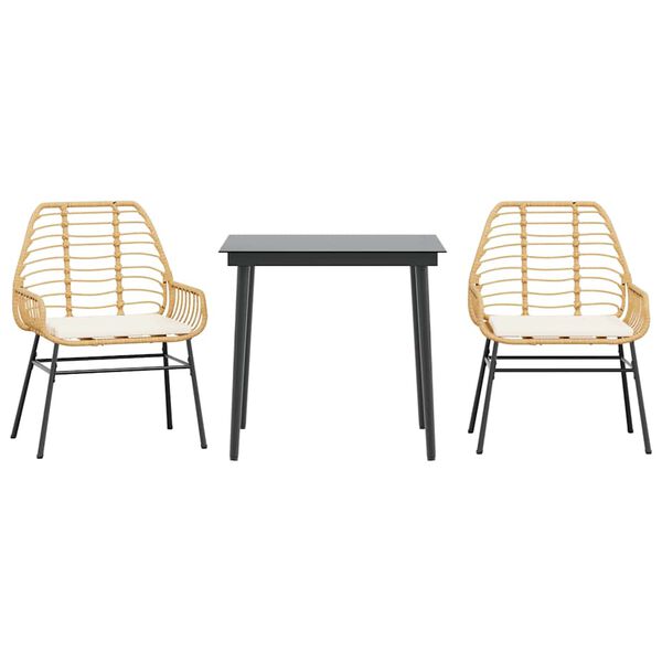 vidaXL Conjunto jantar jardim 3 pe&ccedil;as almofadas vidro vime PE castanho