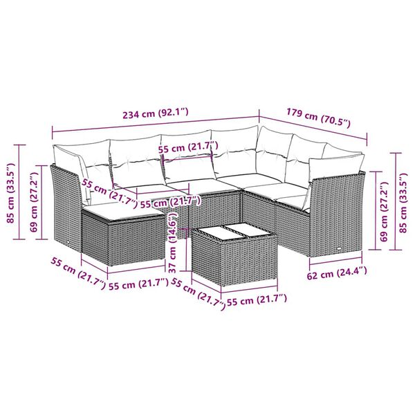 vidaXL 8 pcs conjunto sof&aacute;s de jardim com almofad&otilde;es vime PE preto