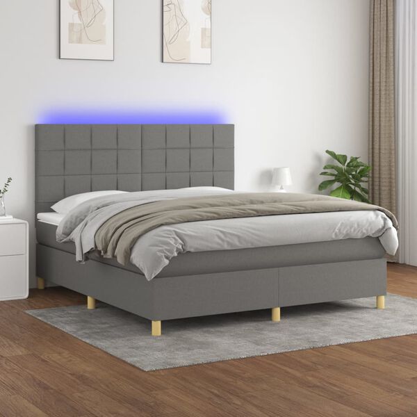 vidaXL Cama box spring c/ colch&atilde;o e LED 160x200 cm tecido cinza-escuro