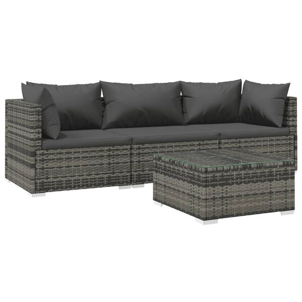 vidaXL 4 pcs conjunto lounge de jardim c/ almofad&otilde;es vime PE cinzento