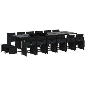 vidaXL 17 pcs conjunto de jantar p/ jardim c/ almofad&otilde;es vime PE preto
