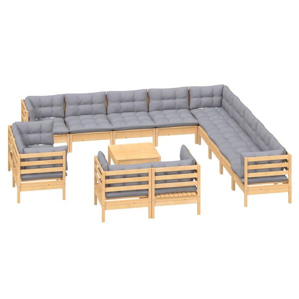 vidaXL 14 pcs conj. lounge jardim c/ almofad&otilde;es cinzentos pinho maci&ccedil;o