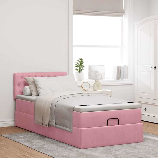 moldura de cama otomana vidaXL com colchão rosa 100x200cm veludo