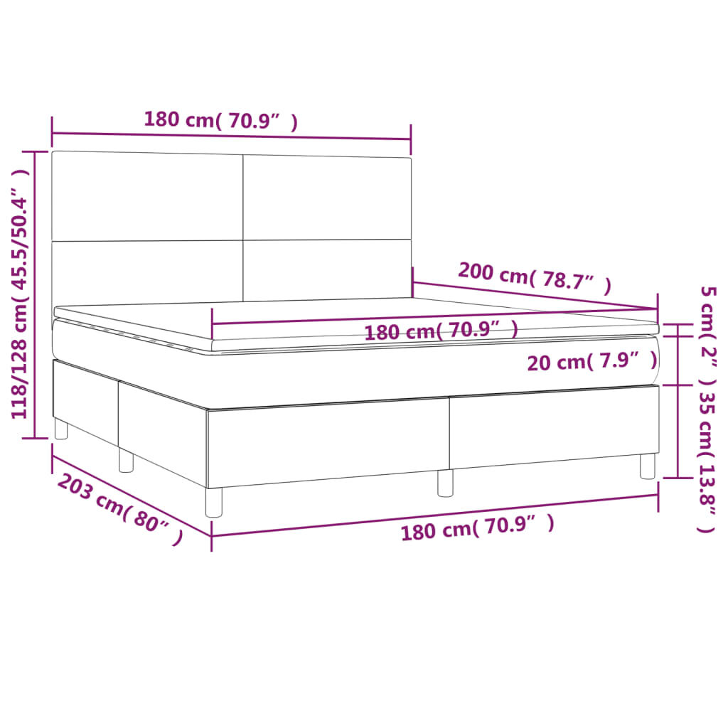 vidaXL Cama box spring c/ colchão/LED 180x200 cm veludo cinzento-claro