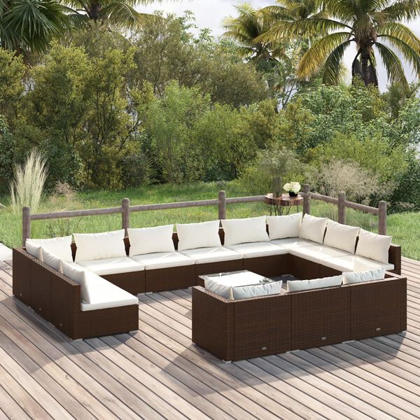 vidaXL 14 pcs conjunto lounge de jardim c/ almofad&otilde;es vime PE castanho