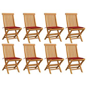 vidaXL Cadeiras de jardim c/ almofad&otilde;es vermelhos 8 pcs teca maci&ccedil;a