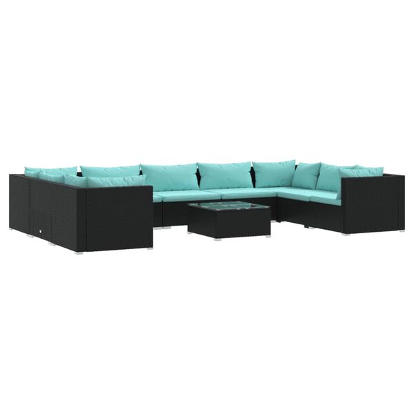 vidaXL 10 pcs conjunto lounge de jardim c/ almofad&otilde;es vime PE preto