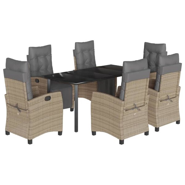 vidaXL 7 pcs conj. jantar jardim c/ almofad&otilde;es vime PE bege misturado