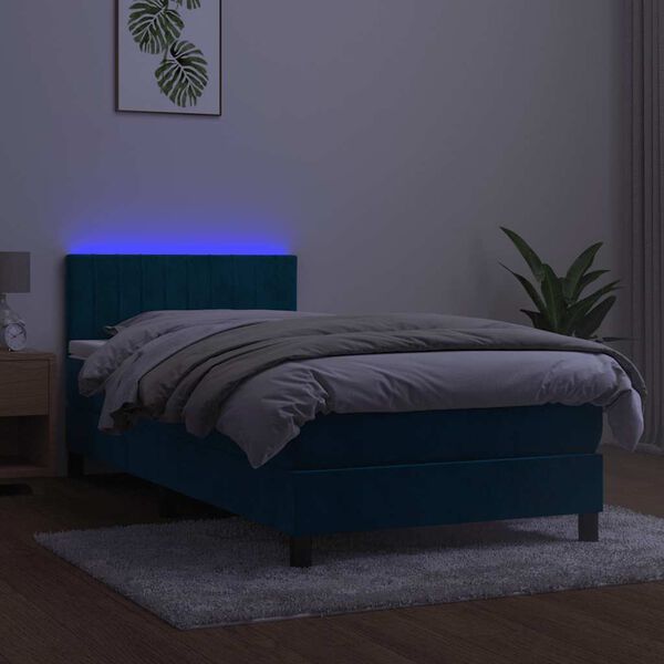 vidaXL Cama box spring c/ colch&atilde;o/LED 90x190 cm veludo azul-escuro