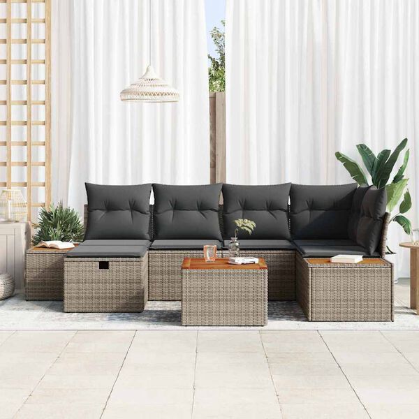 vidaXL Conjunto de Sof&aacute; de Jardim com almofada 7 pcs Cinzeto vime PE