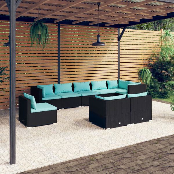 vidaXL 9 pcs conjunto lounge de jardim c/ almofad&otilde;es vime PE preto
