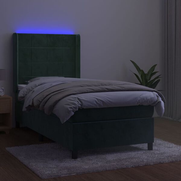 vidaXL Cama box spring c/ colch&atilde;o/LED 100x200 cm veludo verde-escuro