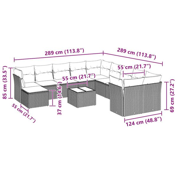 vidaXL 12 pcs conj. sof&aacute;s jardim com almofad&otilde;es vime PE cinzento-claro