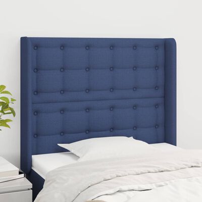 vidaXL Cabeceira de cama c/ abas tecido 103x16x118/128 cm azul