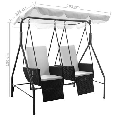vidaXL Cadeira baloiço de jardim 2 lugares com cobertura vime PE preto