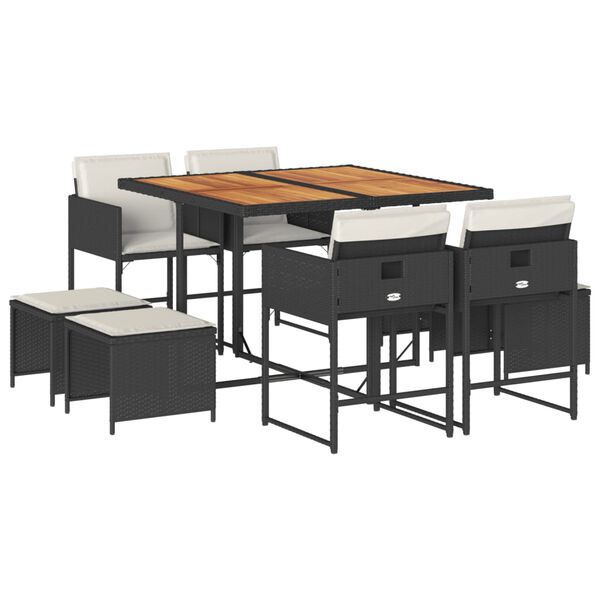 vidaXL 9 pcs conjunto de jantar p/ jardim c/ almofad&otilde;es vime PE preto