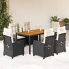vidaXL 7 pcs conjunto de jantar p/ jardim c/ almofad&otilde;es vime PE preto