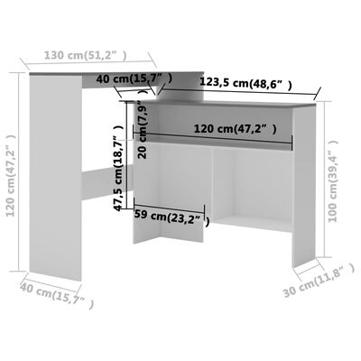 vidaXL Mesa de bar com 2 tampos 130x40x120 cm branco e cinzento