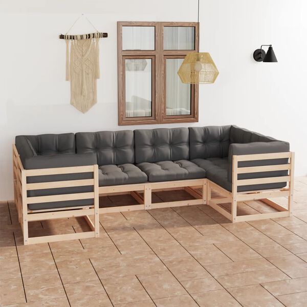 vidaXL 6 pcs conjunto lounge de jardim c/ almofadões pinho maciço