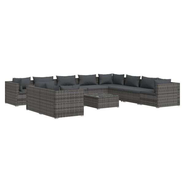 vidaXL 11 pcs conjunto lounge de jardim c/ almofad&otilde;es vime PE cinzento