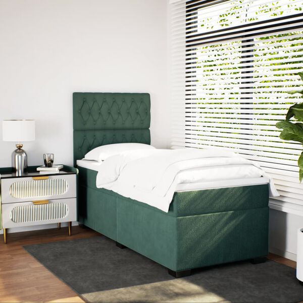 vidaXL Cama com molas/colch&atilde;o 100x200 cm veludo verde-escuro