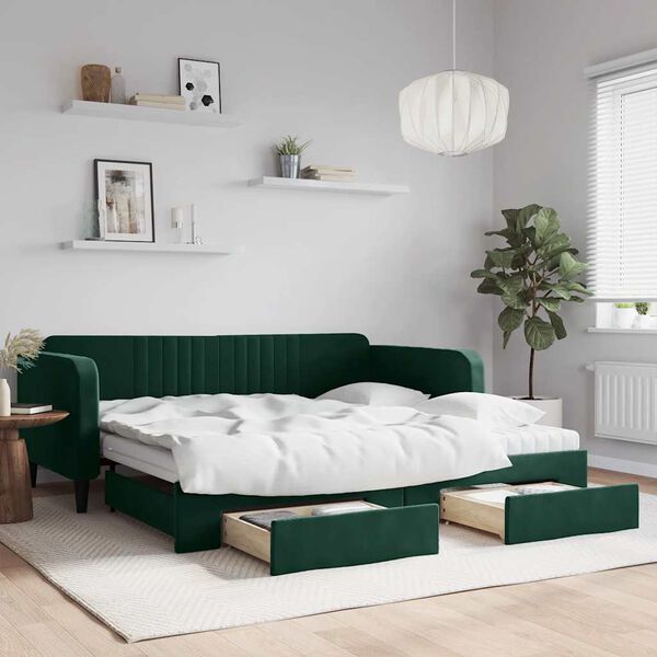 vidaXL Sof&aacute;-cama c/ gavet&atilde;o e gavetas 100x200 cm veludo verde-escuro