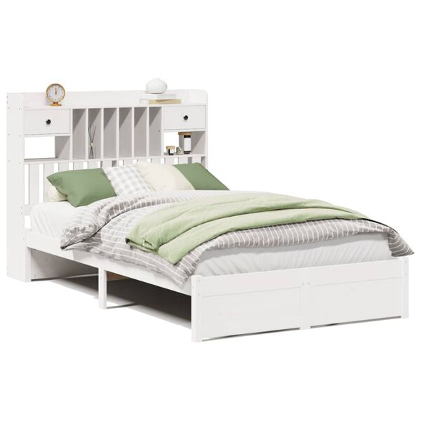 vidaXL Cama com estante sem colch&atilde;o 135x190 cm pinho maci&ccedil;o branco