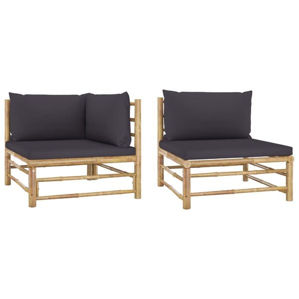 vidaXL 2 pcs conj. lounge jardim em bambu c/ almofadões cinza-escuro