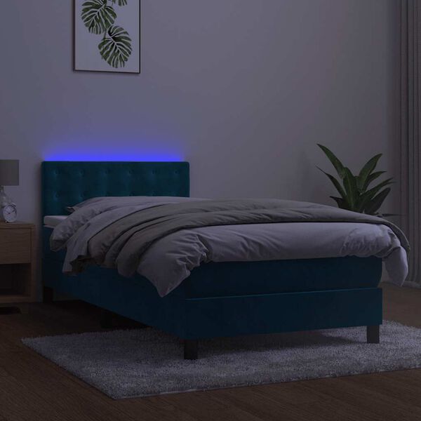vidaXL Cama box spring c/ colch&atilde;o/LED 90x190 cm veludo azul-escuro