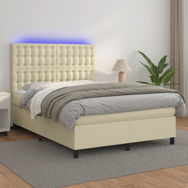 vidaXL Cama box spring c/ colch&atilde;o/LED 140x190cm couro artificial creme
