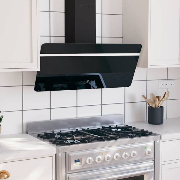 vidaXL Exaustor de parede 90 cm a&ccedil;o e vidro temperado preto