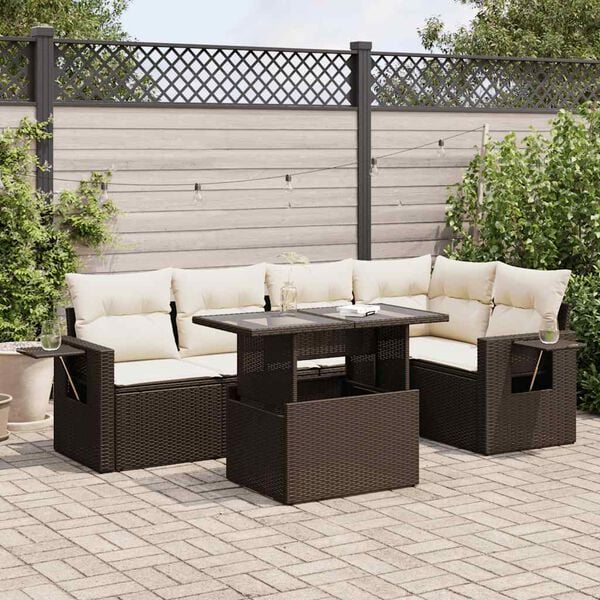 vidaXL 6 pcs conjunto de sof&aacute;s jardim c/ almofad&otilde;es vime PE castanho