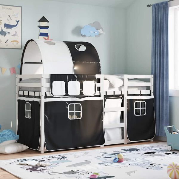 vidaXL Beliche com cortinas 90x200 cm pinho maciço branco e preto