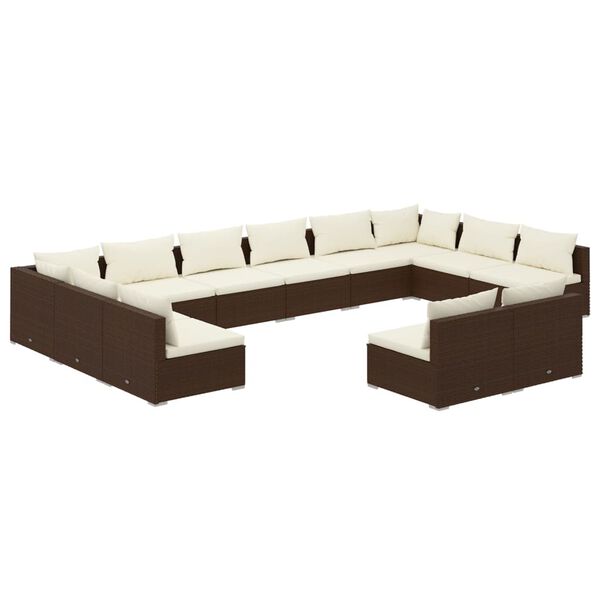 vidaXL 12 pcs conjunto lounge de jardim c/ almofad&otilde;es vime PE castanho