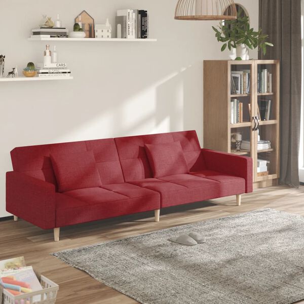 vidaXL Sof&aacute;-cama 2 lugares com duas almofadas tecido vermelho tinto