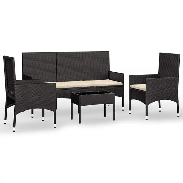 vidaXL 4 pcs conjunto lounge de jardim c/ almofad&otilde;es vime PE preto